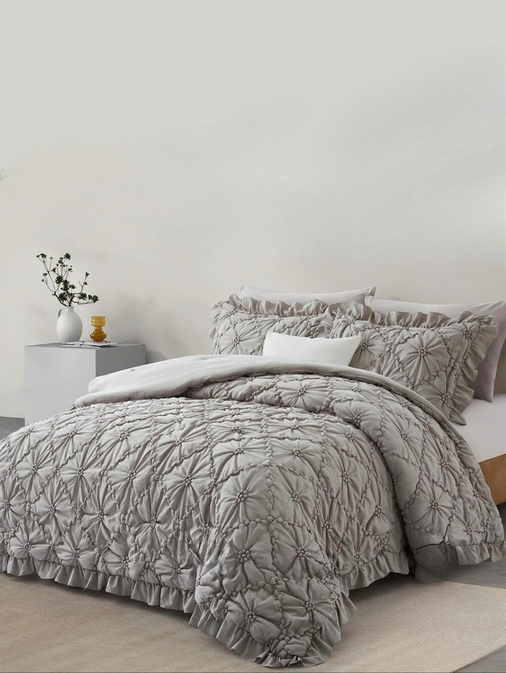 King Size Bed Comforter Set Gray Ruffle Grey Shabby Cottage Chic Pinch Bedding